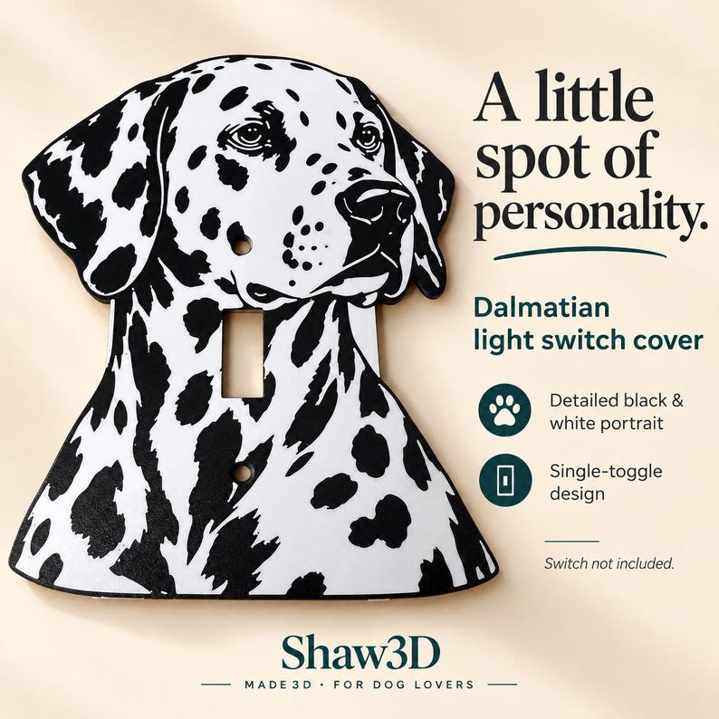 Dalmatian Light Switch Cover, Black and White Dog Portrait, Single Toggle, Mounting Screws Included
