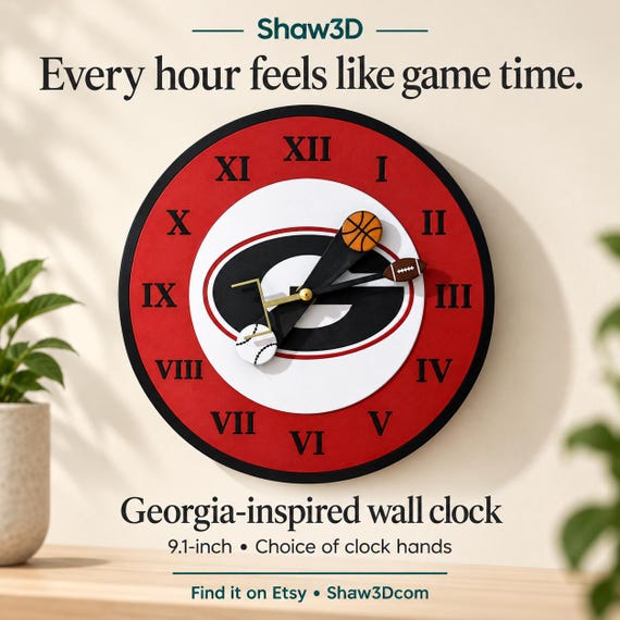 Georgia-Inspired Football Wall Clock, 9.1-Inch, Choice of Clock Hands
