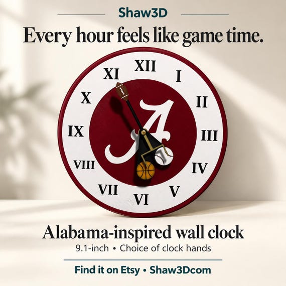 Alabama-Inspired Football Wall Clock, 9.1-Inch, Choice of Clock Hands