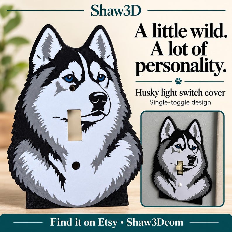 Husky Light Switch Cover, Blue-Eyed Dog Portrait, Single Toggle, Mounting Screws Included
